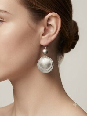 Silver Tone Textured Disc Dangle Earrings | Hammered Wavy Statement Earrings